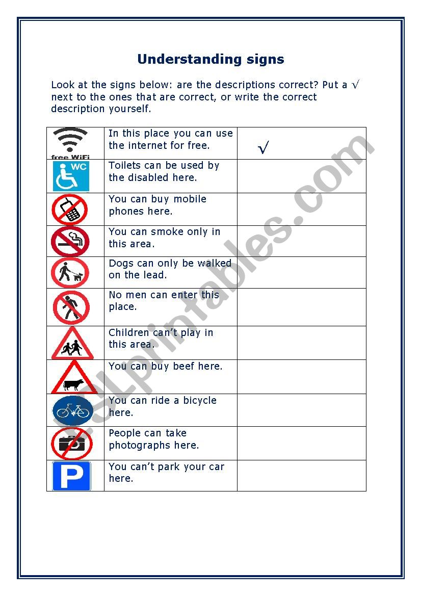 Understanding signs worksheet