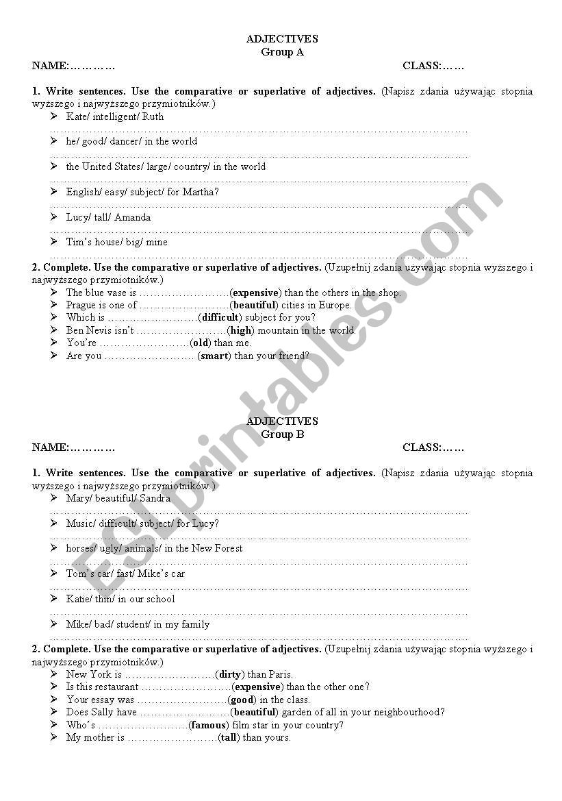 Adjectives-short test worksheet