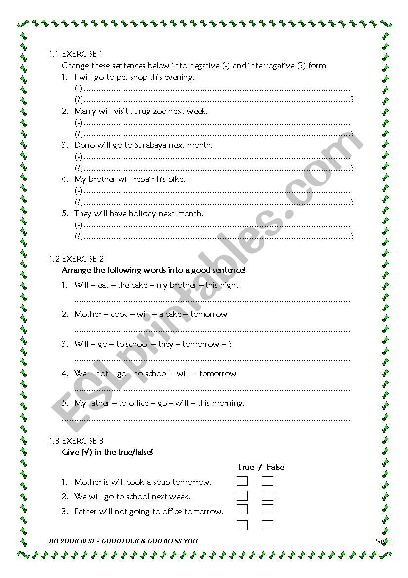 fututre tense (wiil) worksheet