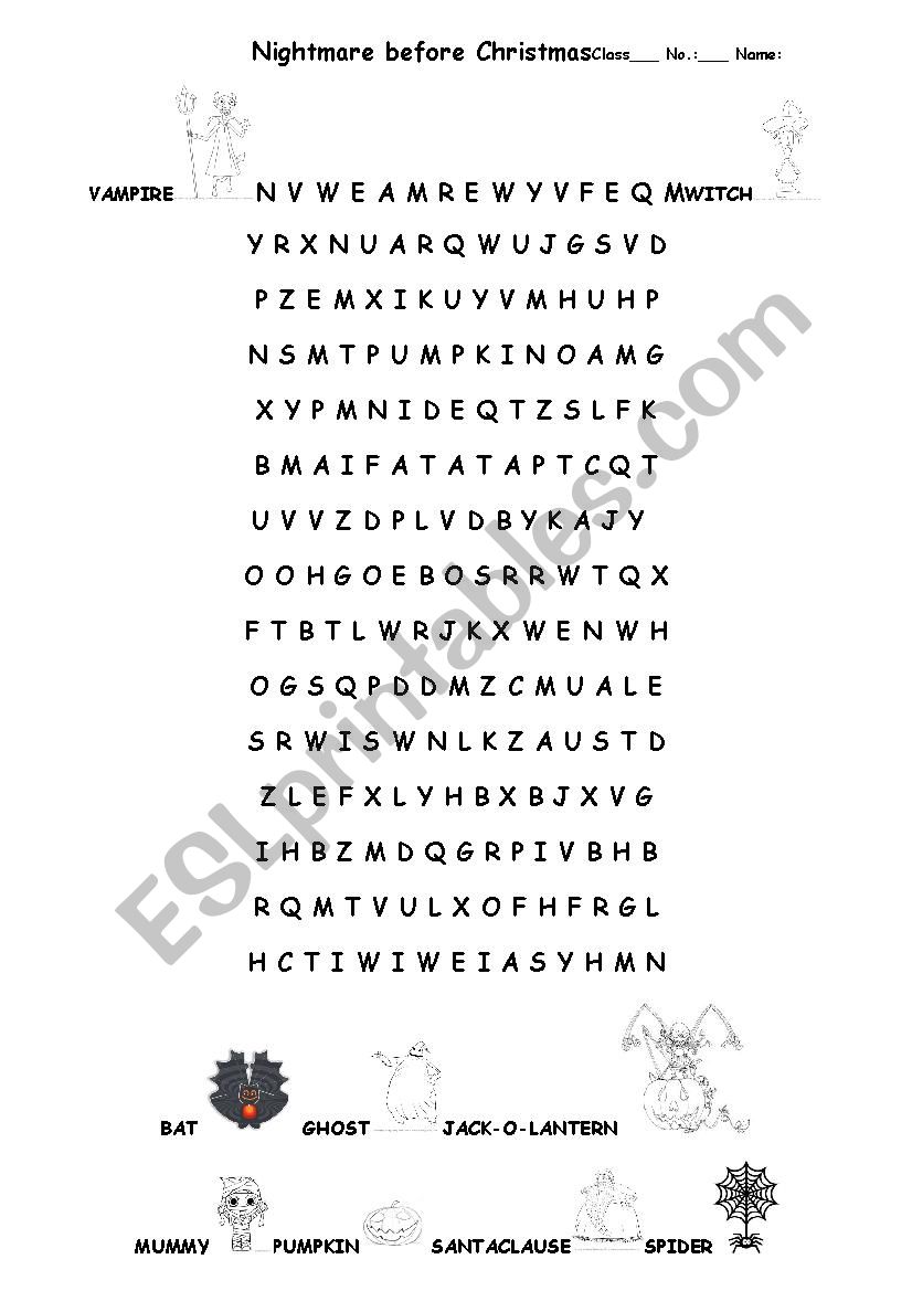 Nightmare before Christmas word search