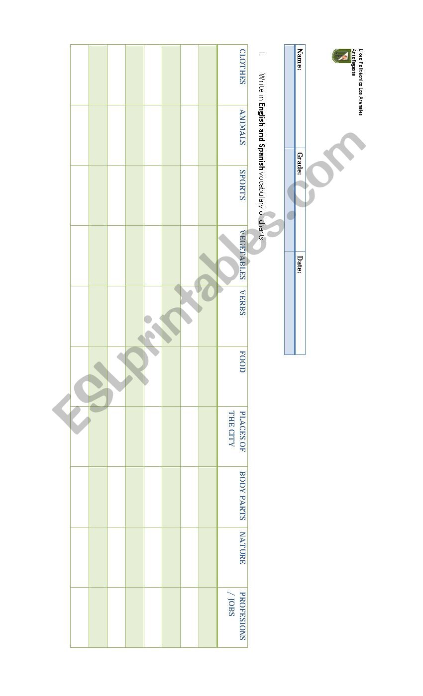 Vocabulary Chart ESL Worksheet By Silviabown