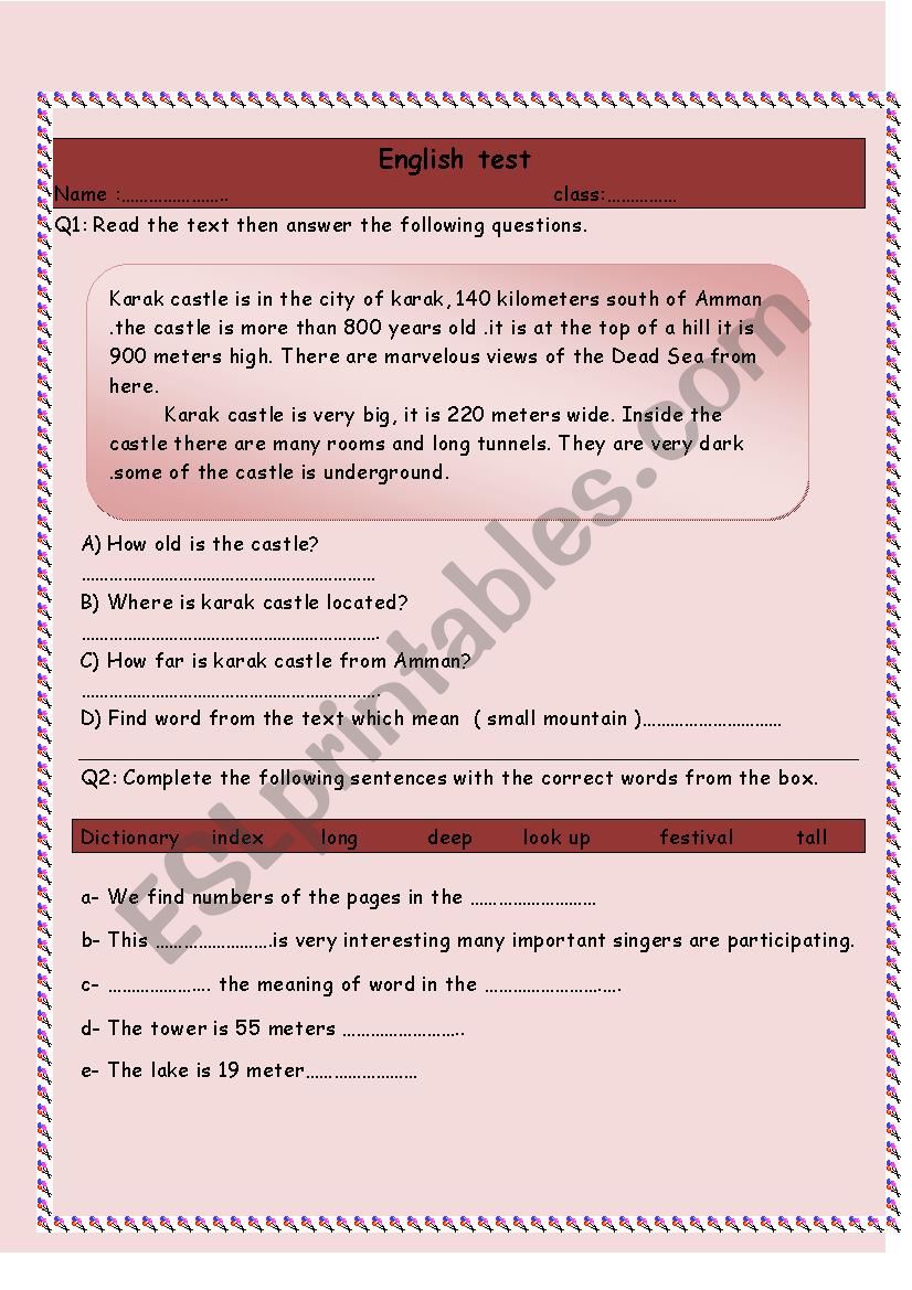 English test worksheet