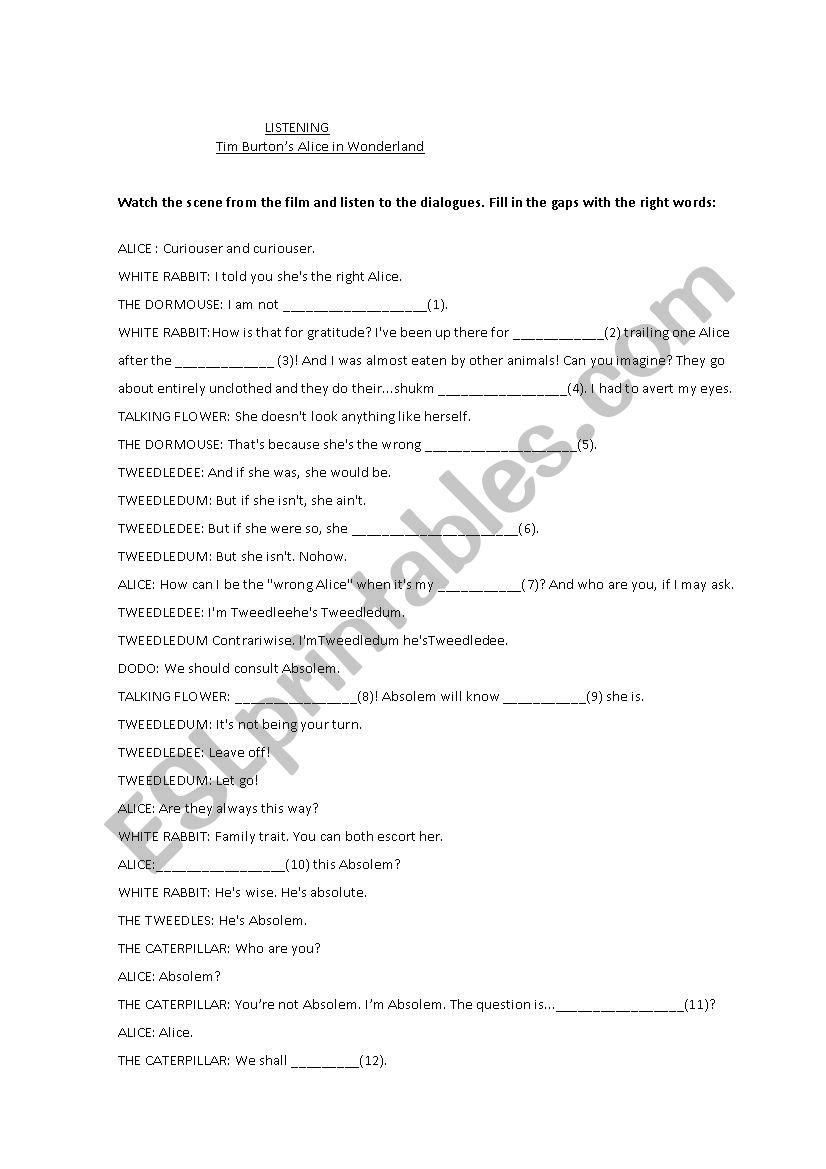 Alice in Wonderland Listening Activity