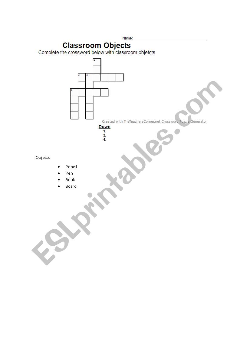 Classroom objects - Cross Word