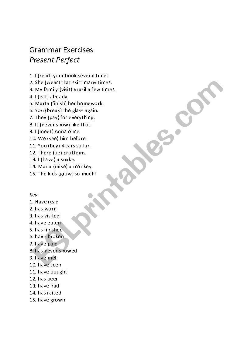 Present Perfect exercise worksheet