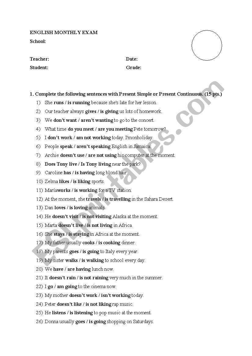 Englis Test worksheet