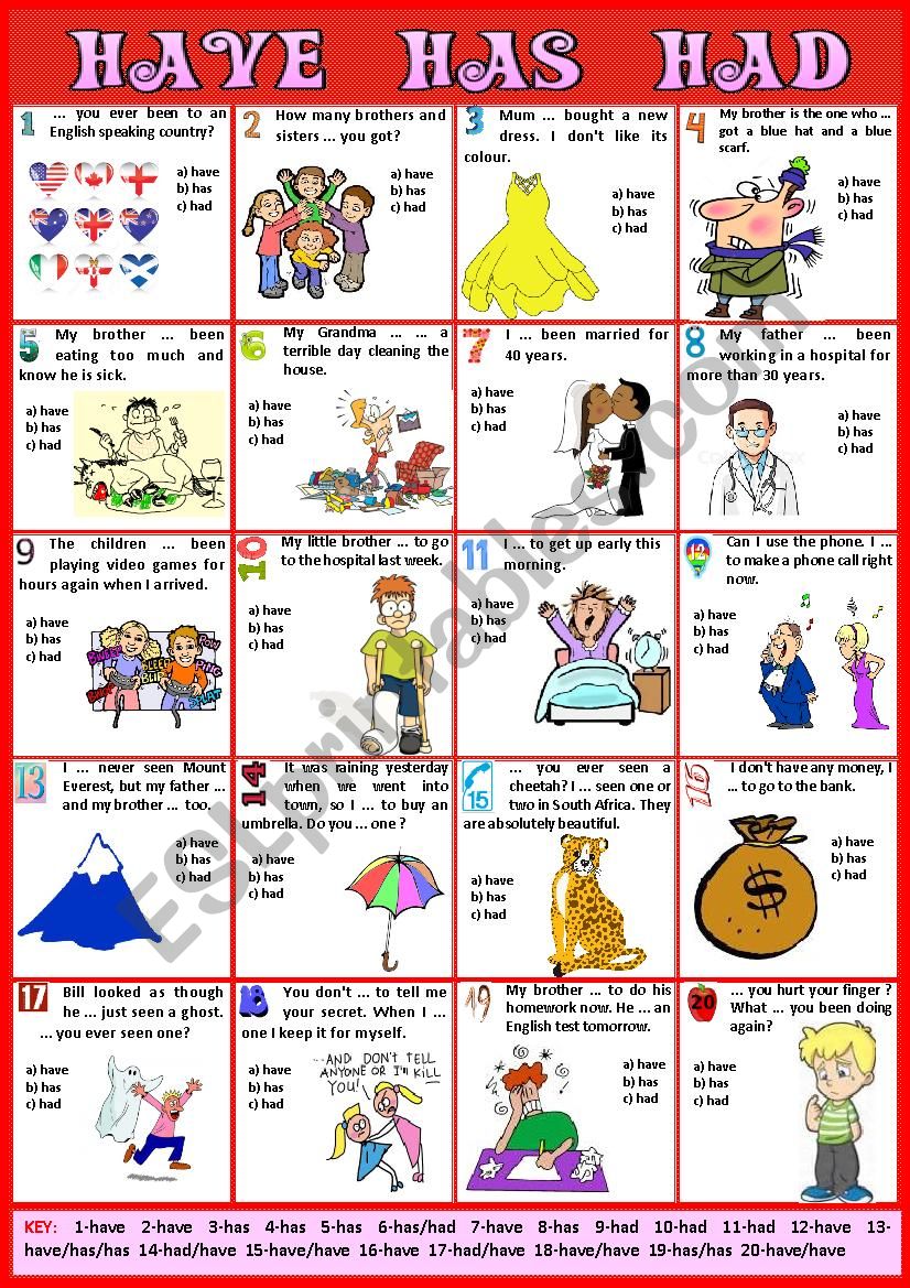 HAVE HAS HAD Key ESL Worksheet By Karagozian