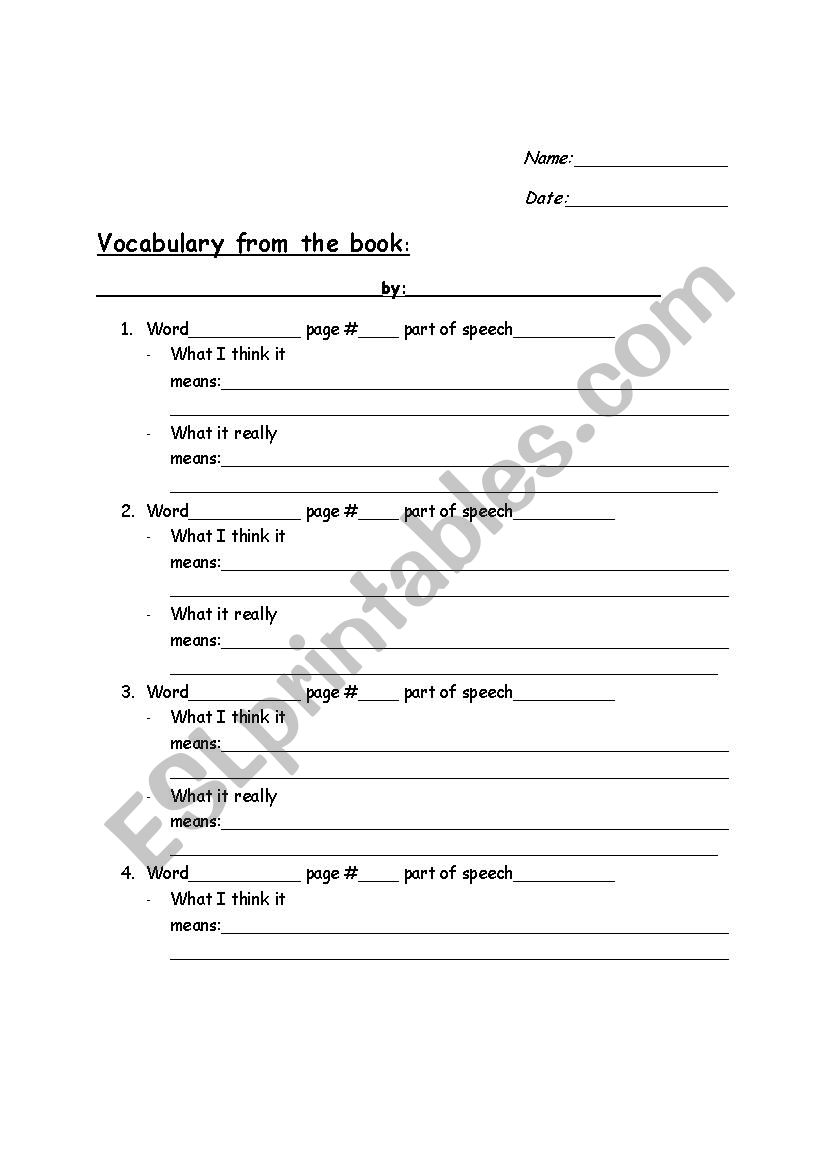 Book Vocabulary Note Chart worksheet