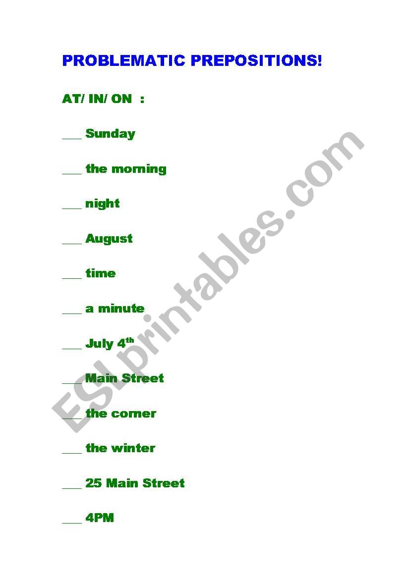 Problematic Prepositions worksheet