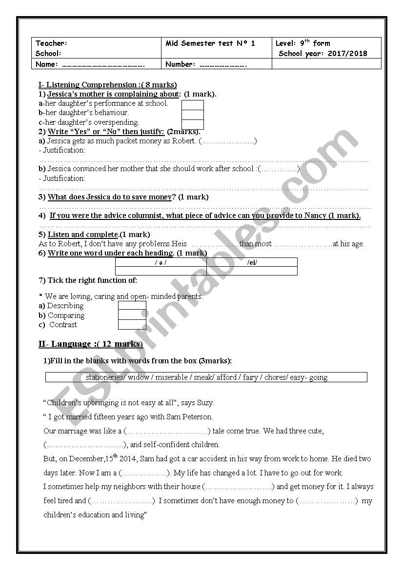 mid semester test n°1? 9TH FORM - ESL worksheet by alissia ghourabi