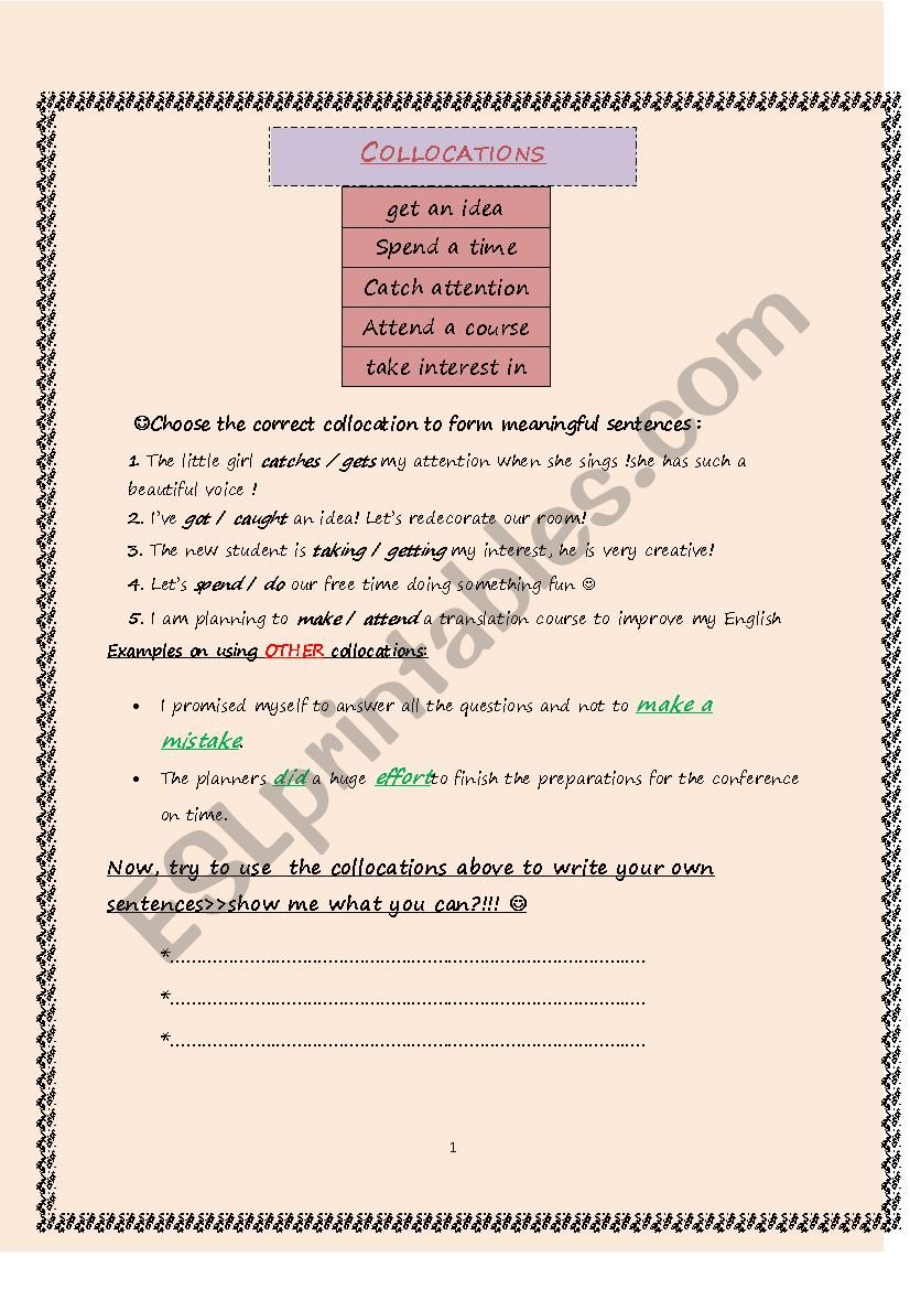 collocations worksheet worksheet