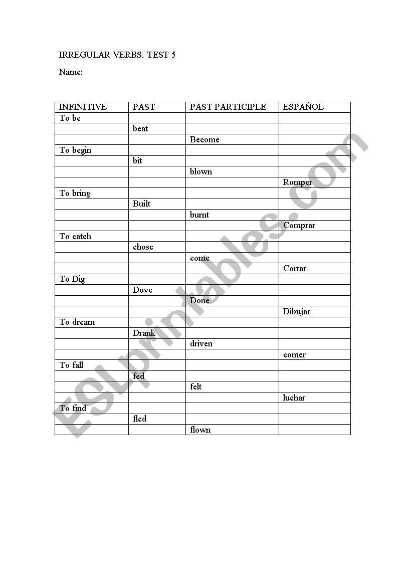 Irregular verb exam worksheet