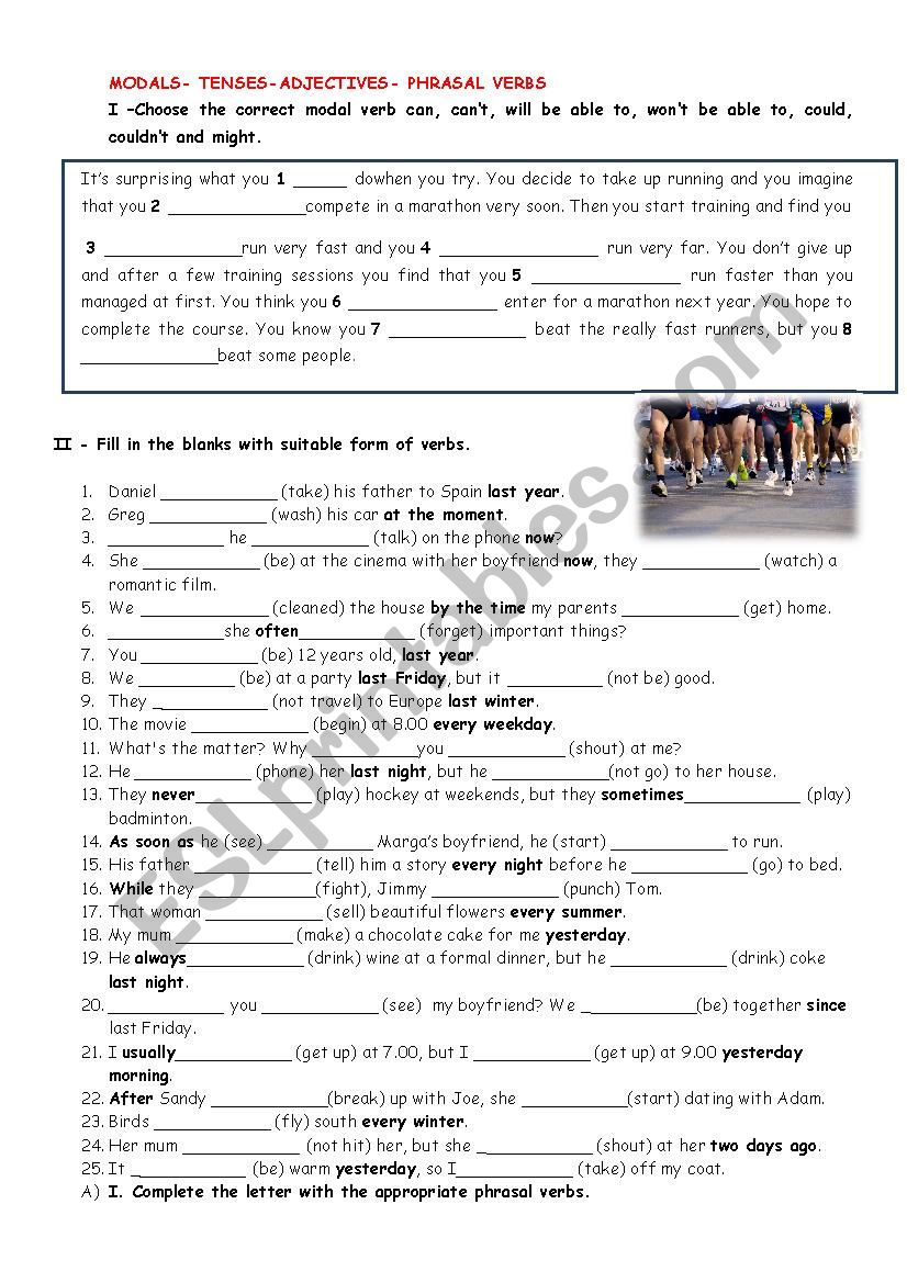 MODALS-TENSES-PHRASAL VERBS worksheet