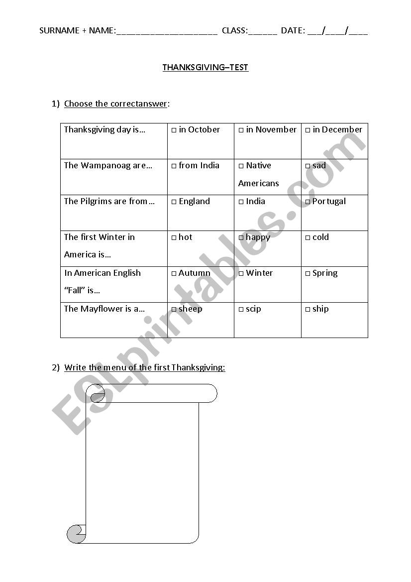 Thanksgiving - test worksheet