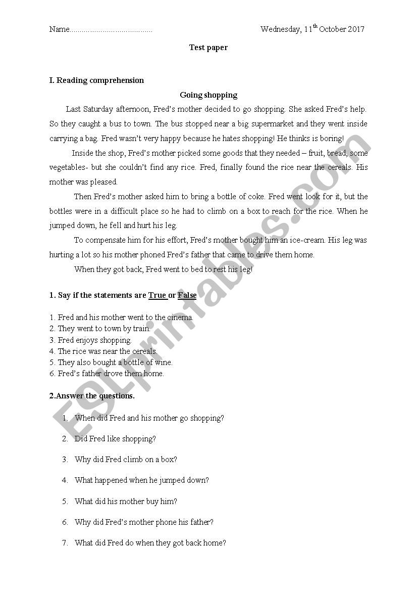 test paper worksheet