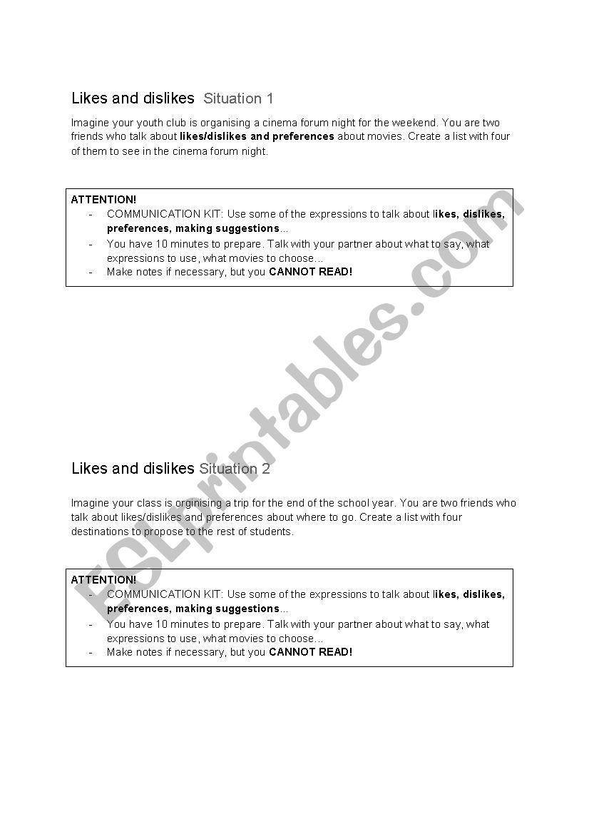 Speaking situations: likes and dislikes