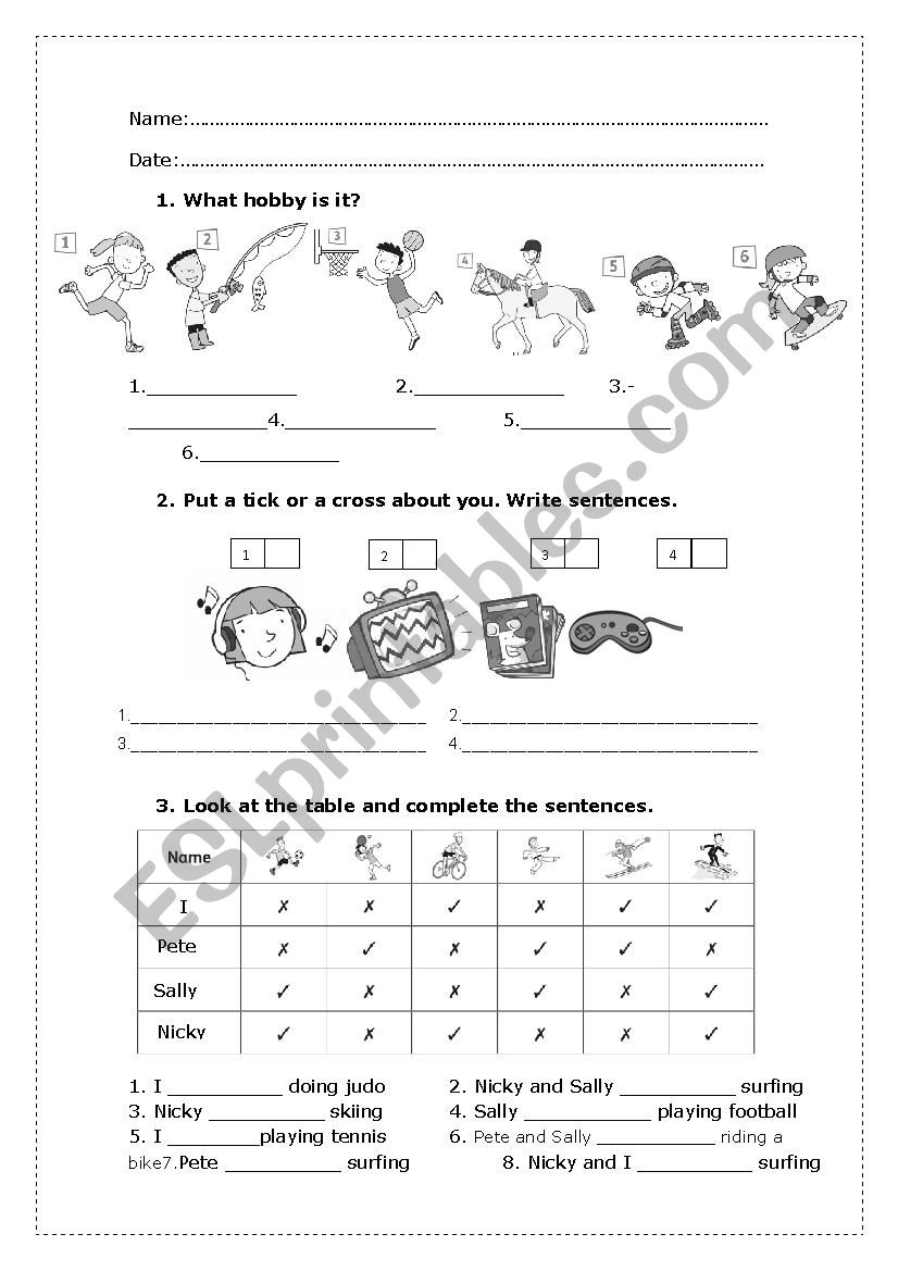 hobbies test worksheet