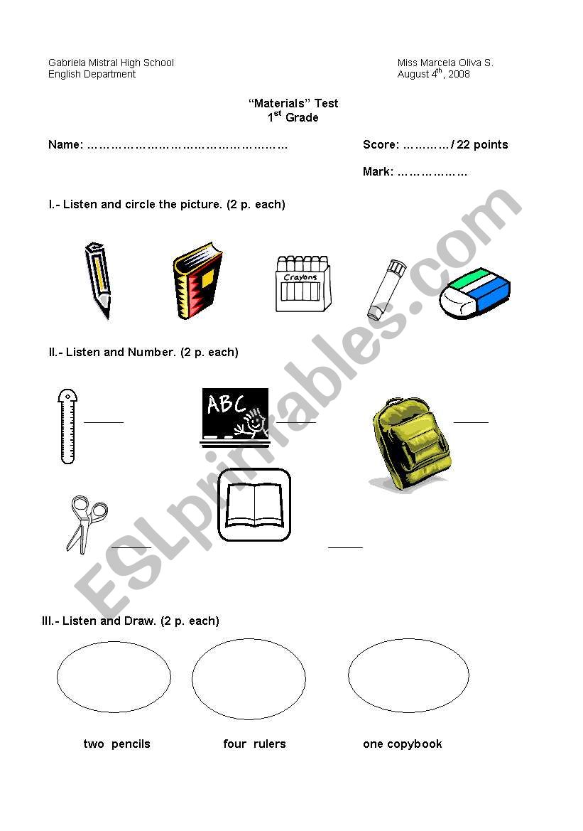 School materials worksheet