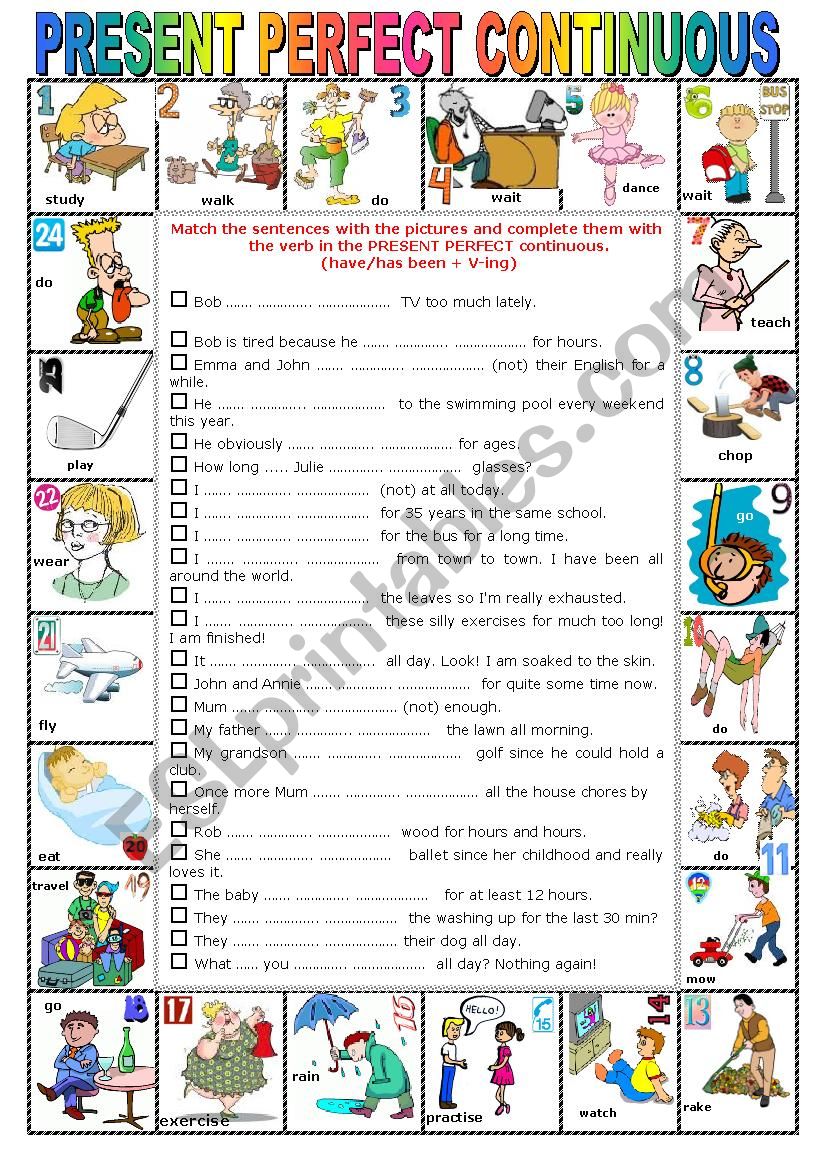 PRESENT PERFECT CONTINUOUS - Pictionary + Exercises + KEY + teacher´s ...