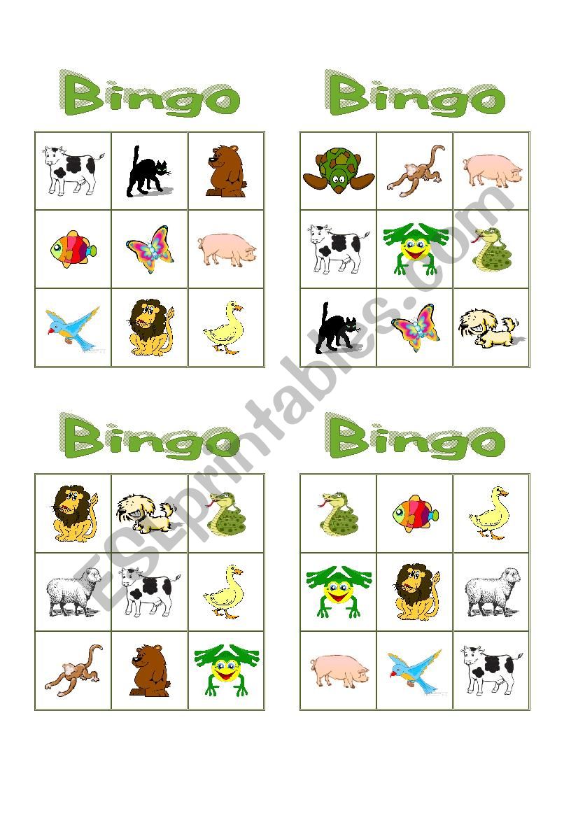 Bingo game: animals worksheet