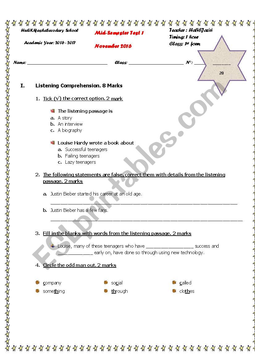 mid-term test worksheet