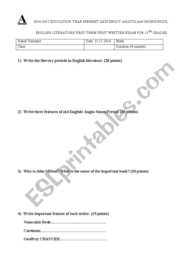 English Lıteraure Exam worksheet