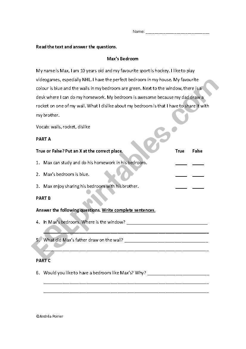 Max´s Bedroom - Reading and Comprehension Questions - ESL worksheet by ...