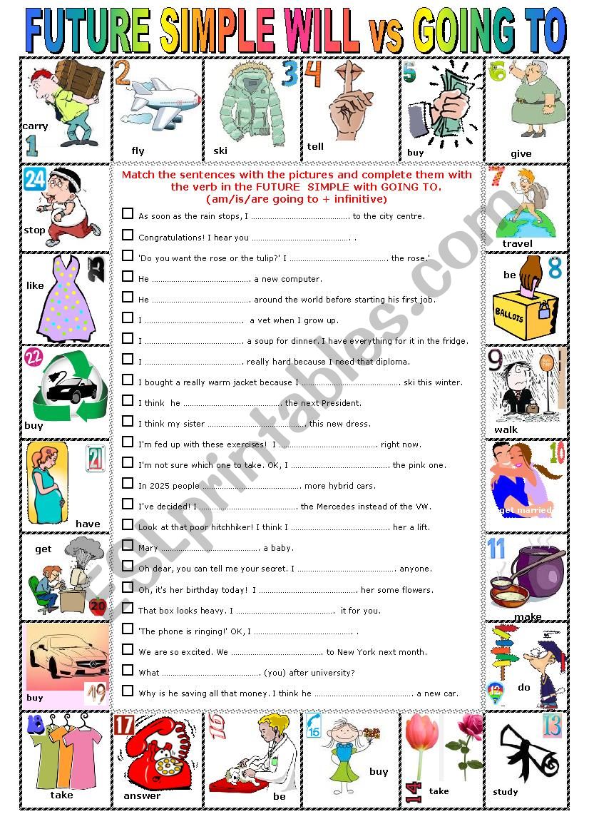 FUTURE SIMPLE WILL Vs GOING TO - Pictionary + Exercises + KEY + Teacher ...