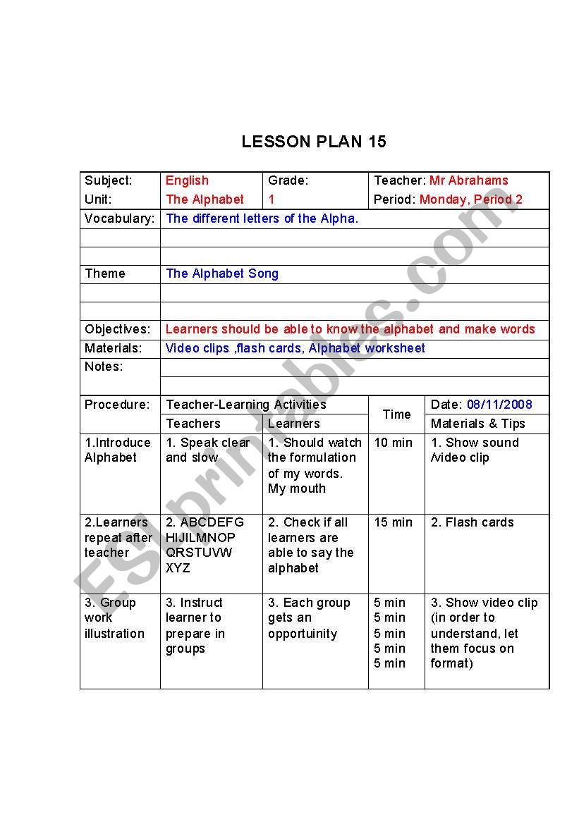 Alphabet Lesson Plan ESL Worksheet By Nostrad