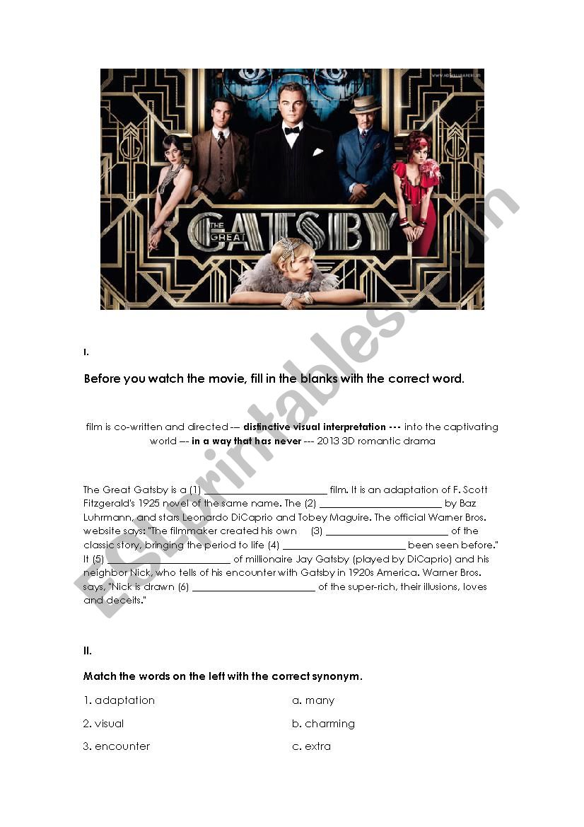 The Great Gatsby Movie Worksheet ESL worksheet by yazyaz