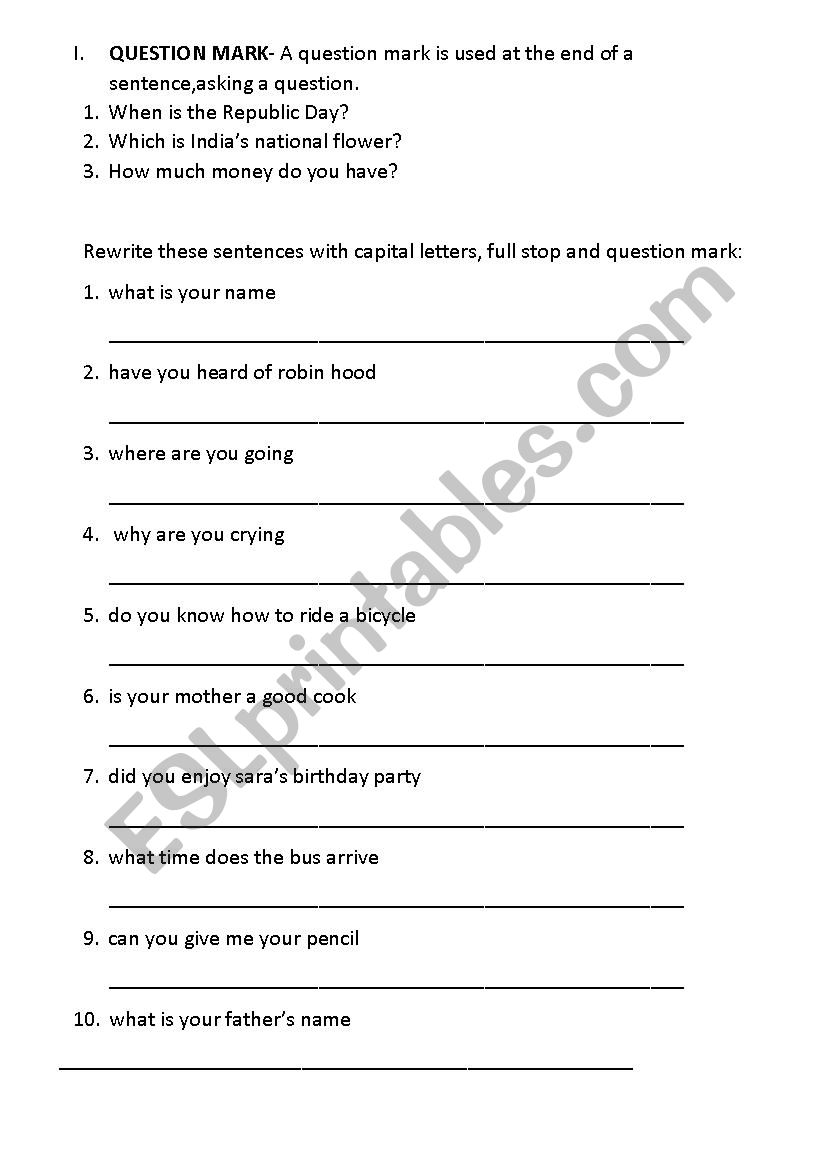 question mark in punctuation - ESL worksheet by creativeminds