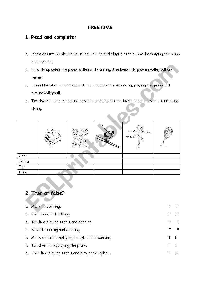 Freetime 2 worksheet