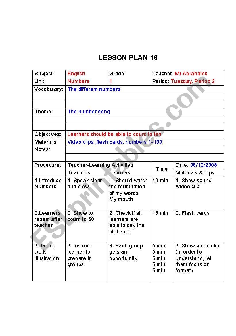 English Worksheets Number Lesson Plan