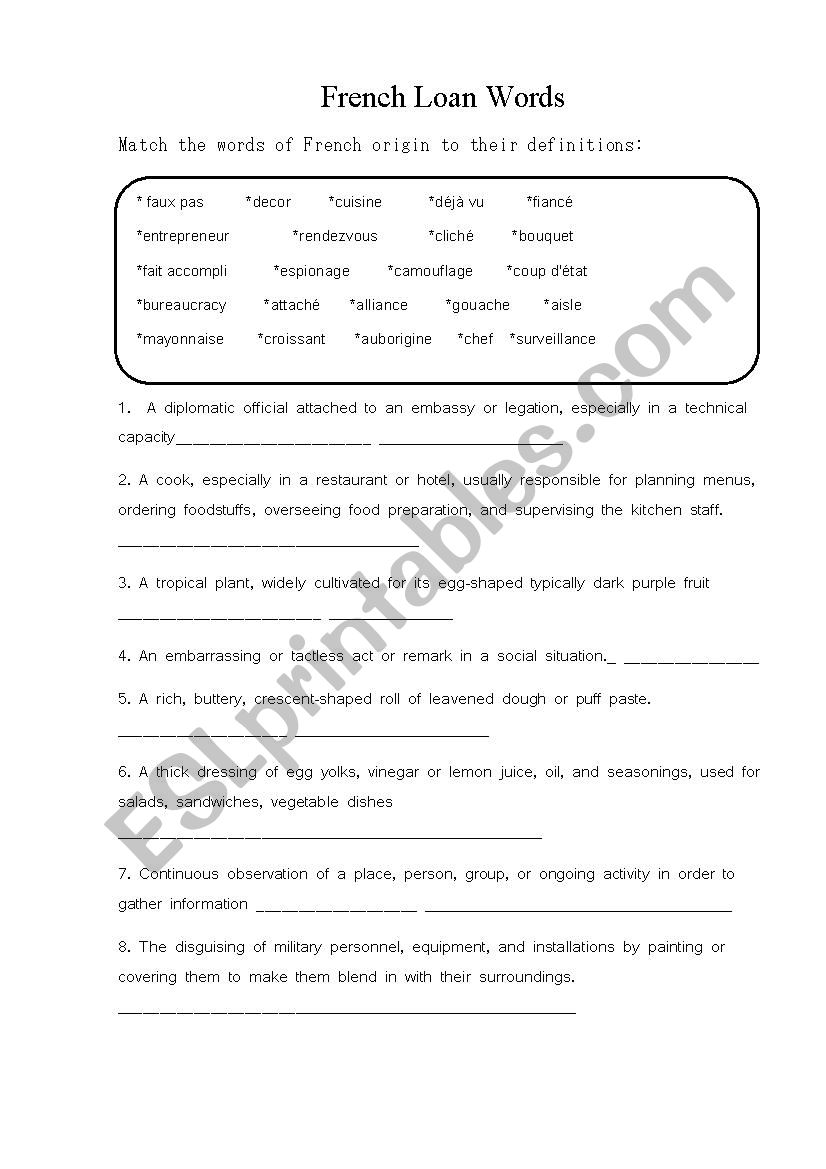 French Loan Words ESL Worksheet By Johnny the great