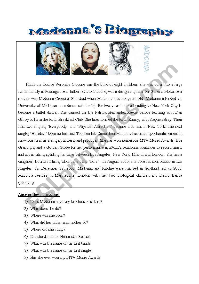 Turning a biography into a speech - ESL worksheet by loreenna