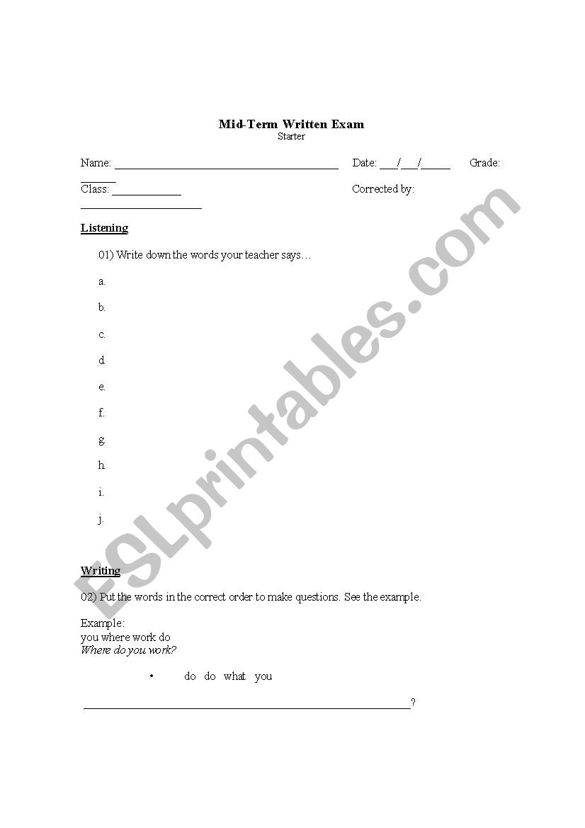 Starter Mid Term Exam worksheet