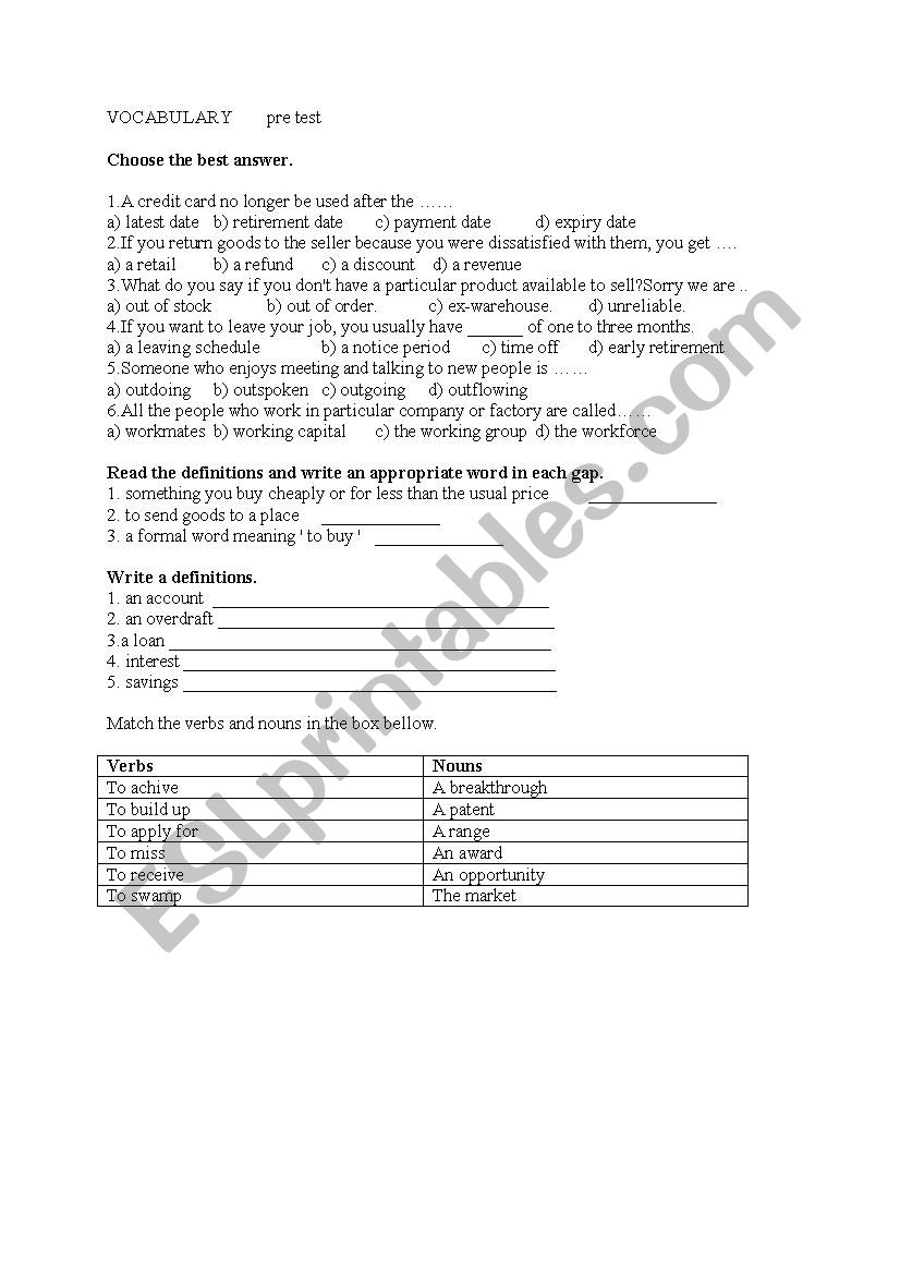 Vocabulary definition worksheet