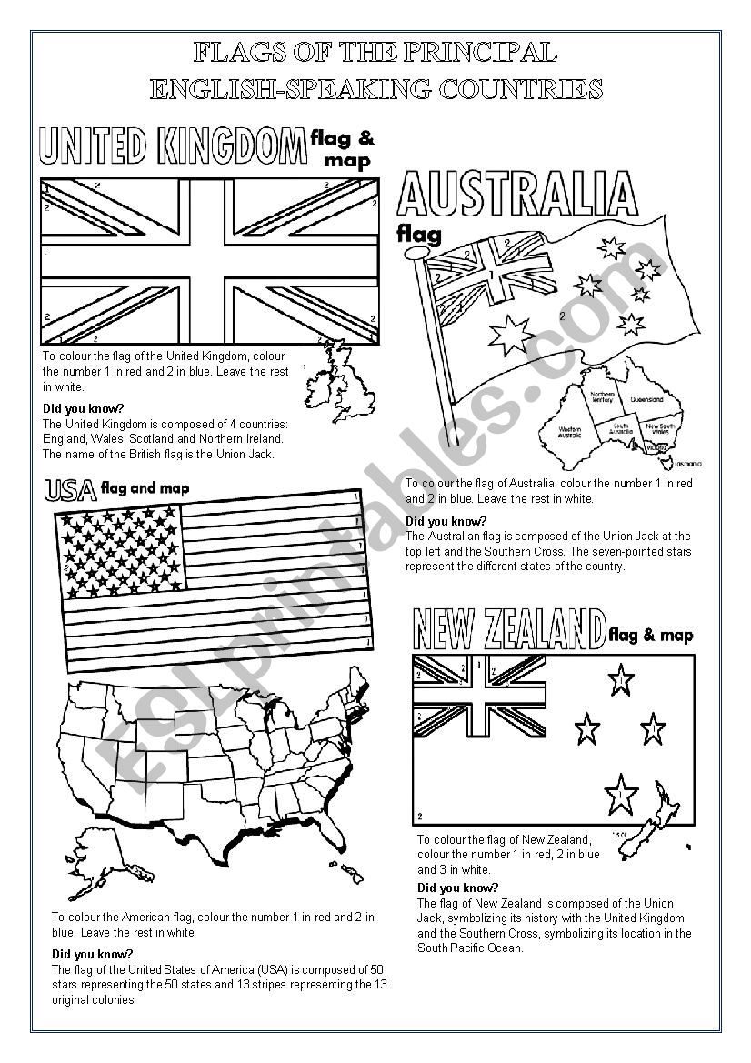 ENGLISH SPEAKING COUNTRIES FLAGS TO COLOUR ESL Worksheet By Morrisons 