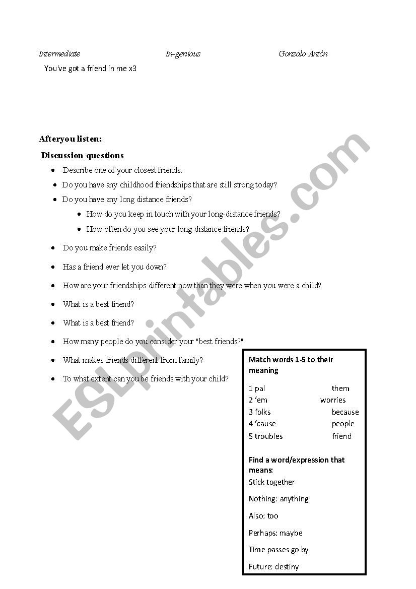 You Ve Got A Friend In Me Esl Worksheet By Coto5