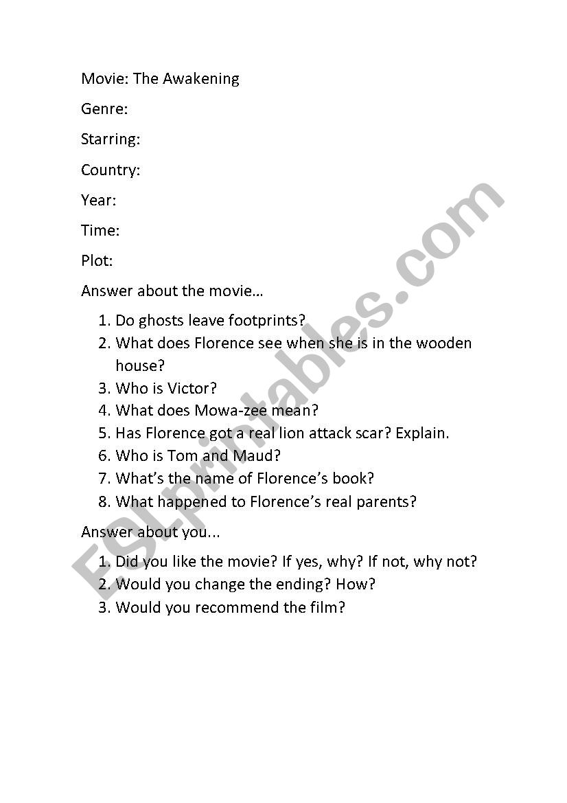 The Awakening Movie (2015) worksheet