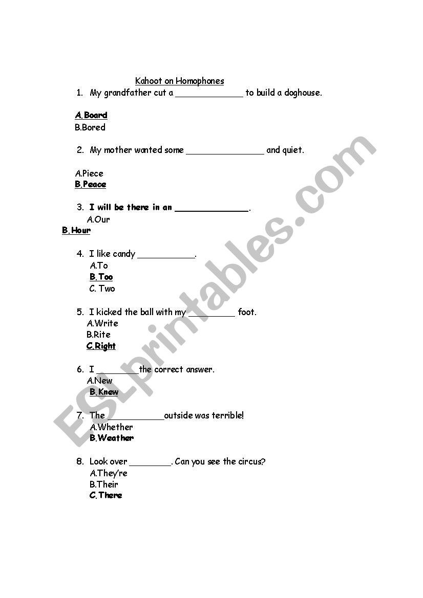 Homophones worksheet