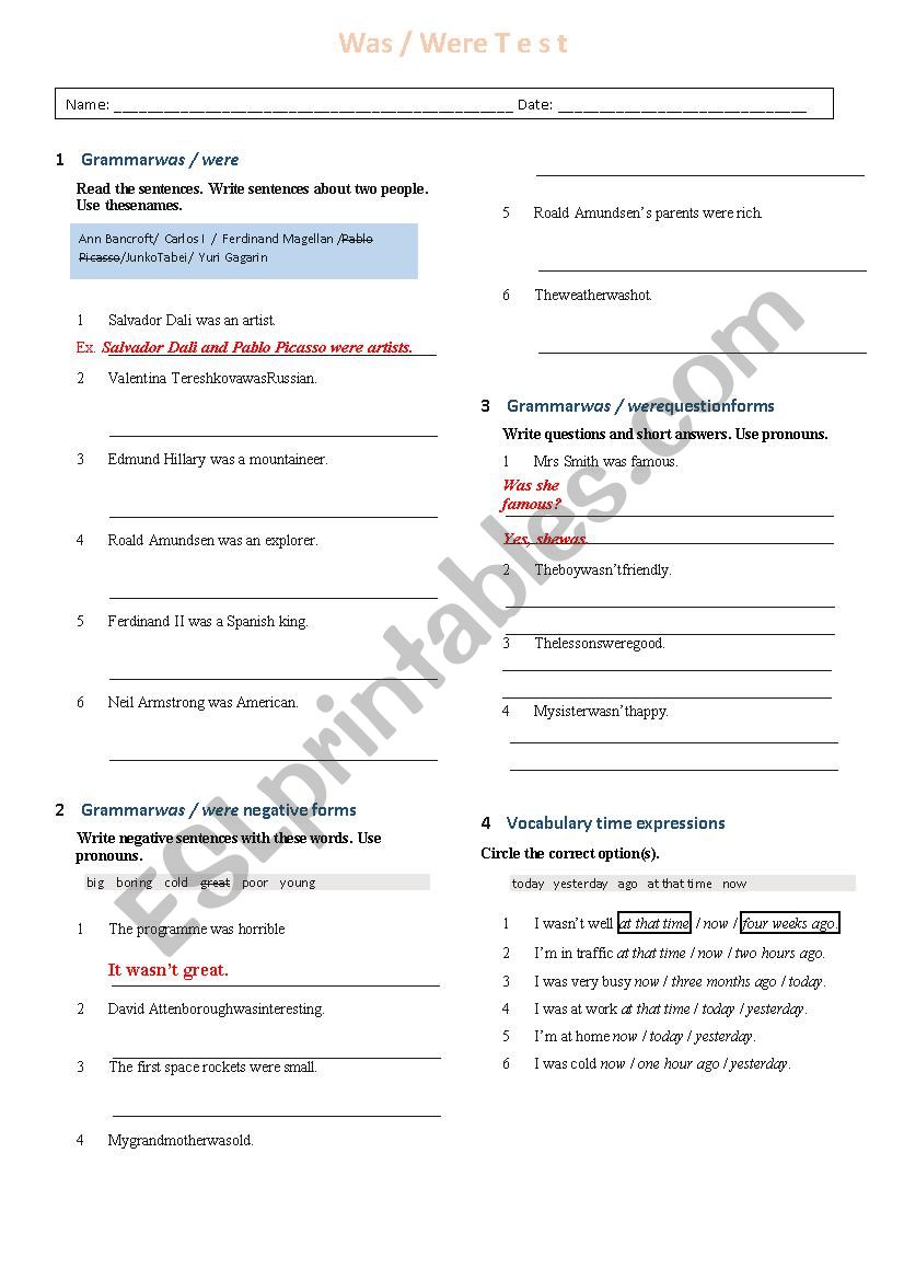 Was and Were Test worksheet