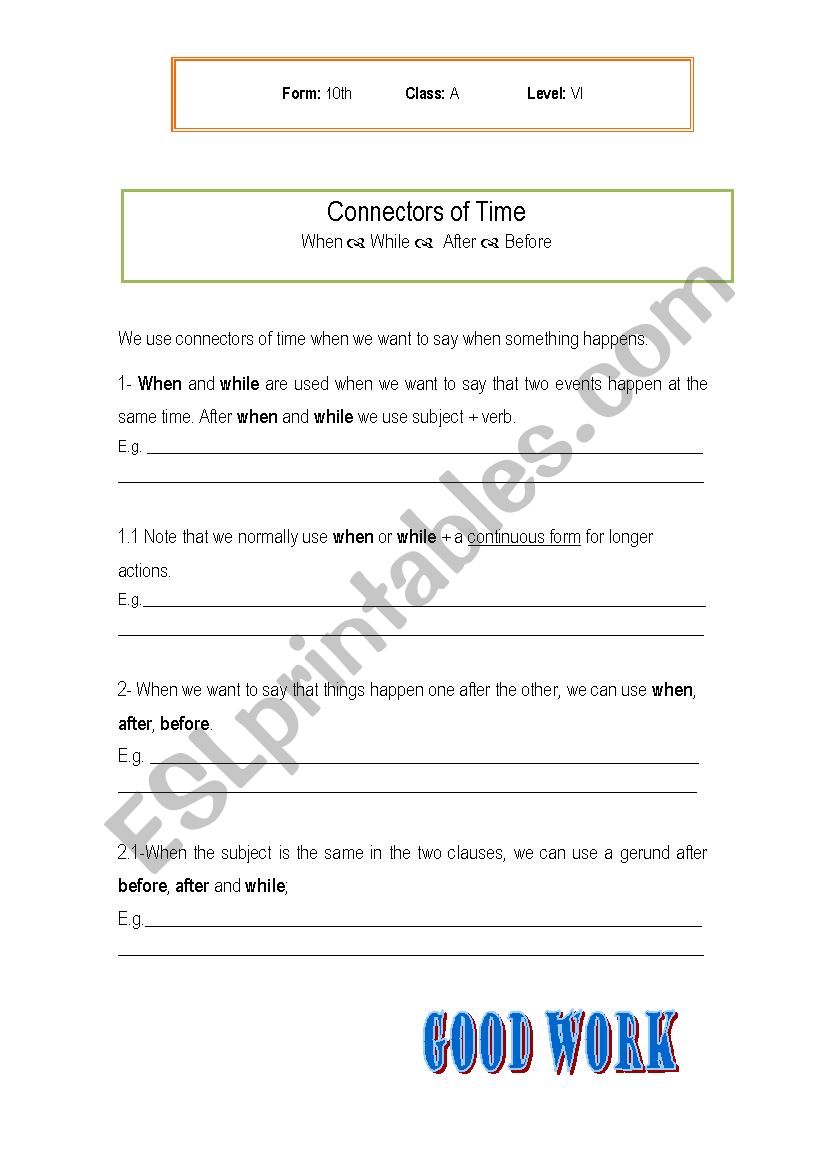 CONNECTORS OF TIME worksheet