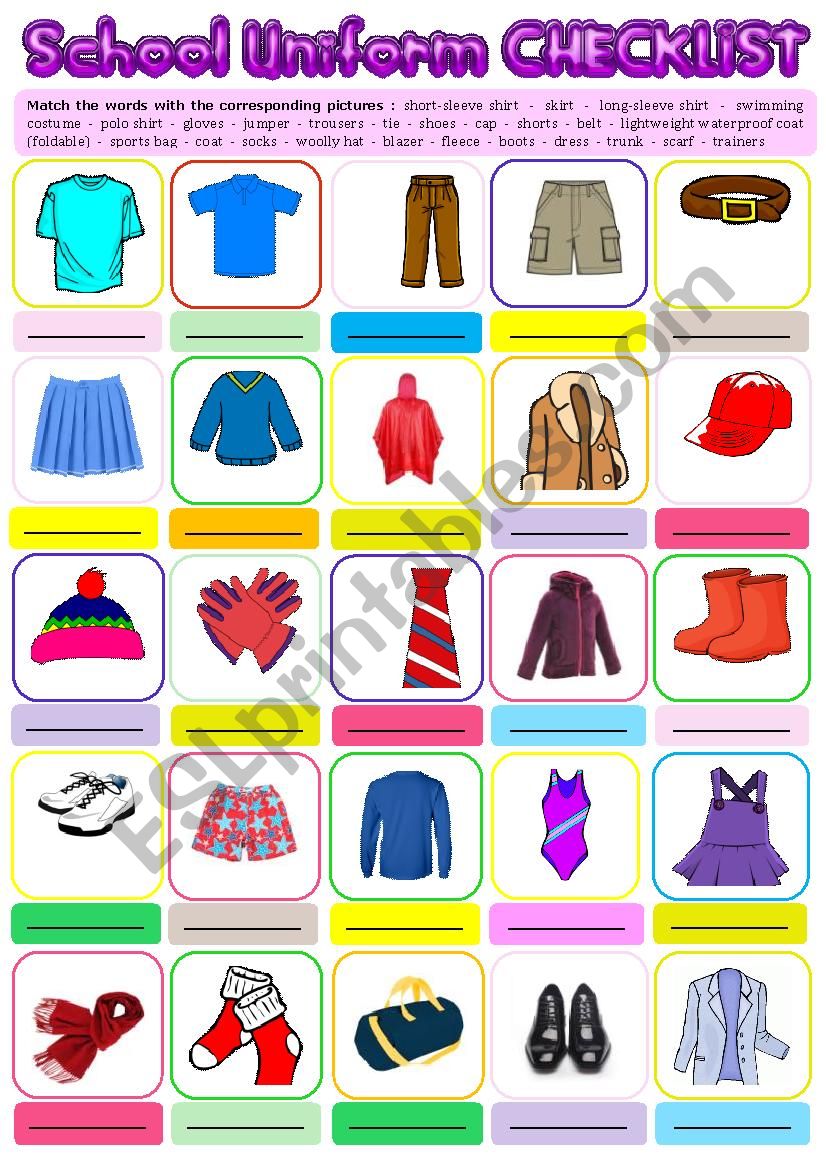 School Uniform Checklist + KEY - ESL worksheet by karagozian