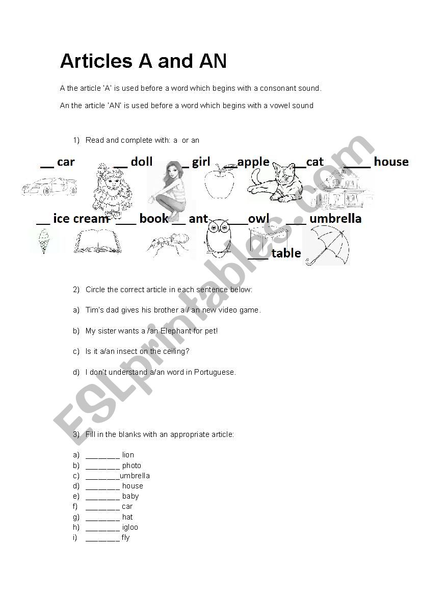 A and An article worksheet