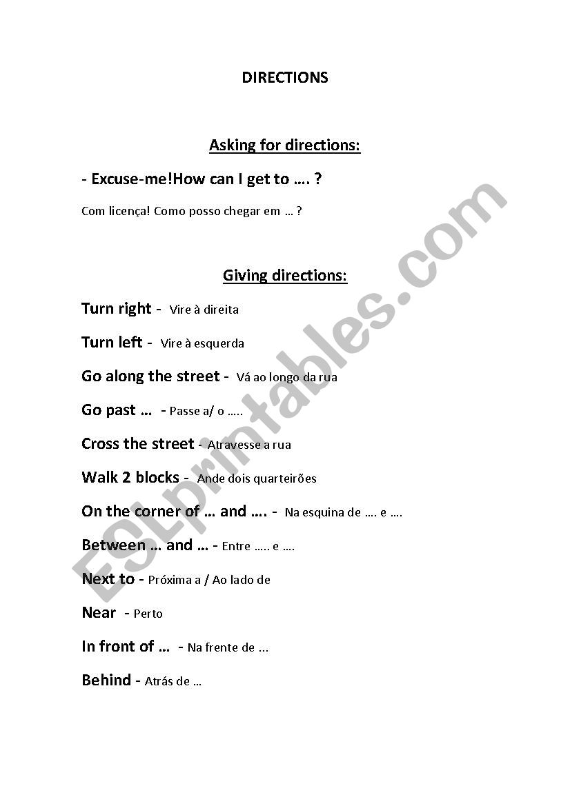 Directions worksheet