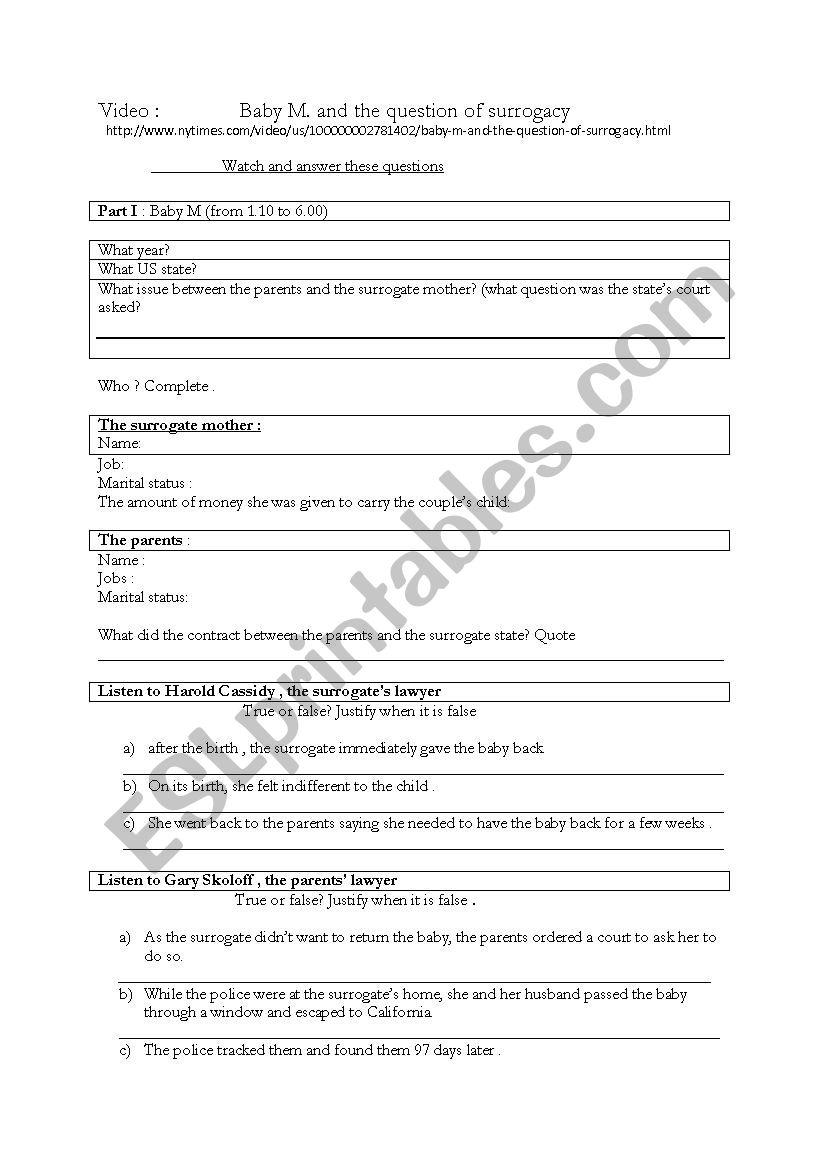 Baby M and surrogacy part 1  worksheet