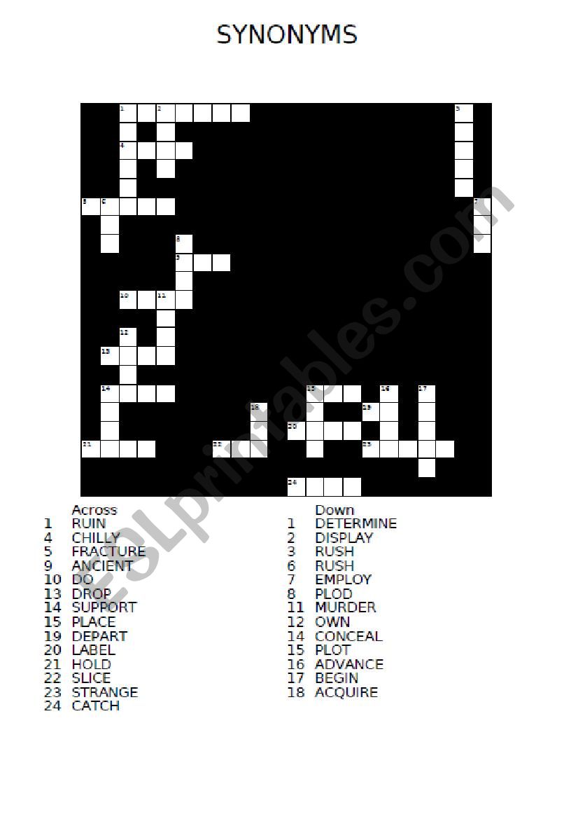 CROSSWORD - SYNONYMS + KEY worksheet