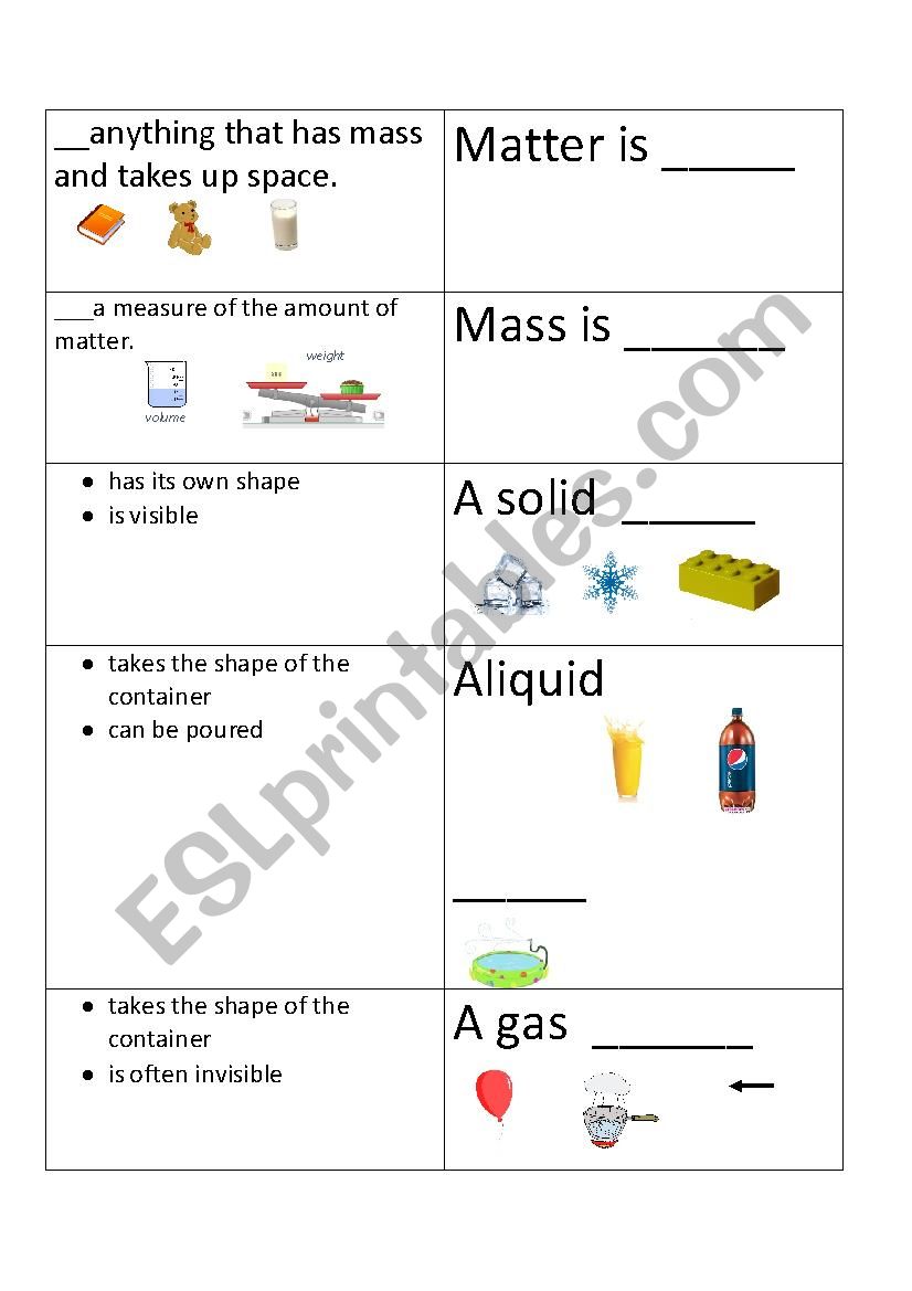 matter vocabulary match worksheet