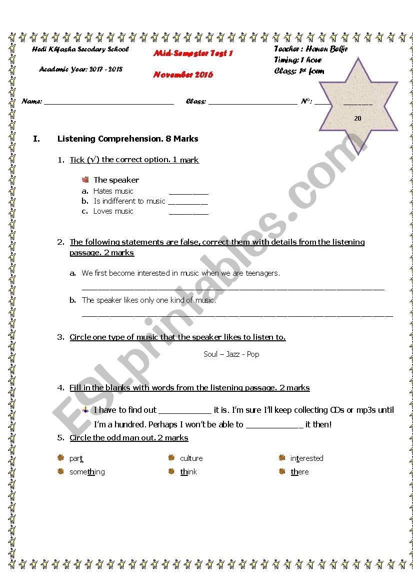 Mid Semester test 1 worksheet